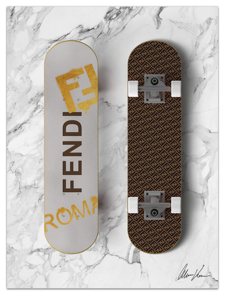 "Fendi Wheels" Frameless Free Floating Tempered Glass Panel Graphic Wall Art