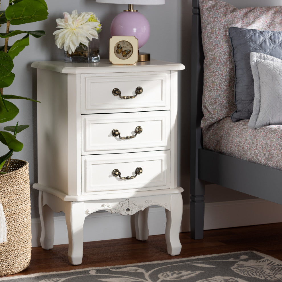 Gabrielle Traditional French Country White-Finished 3-Drawer Wood Nightstand