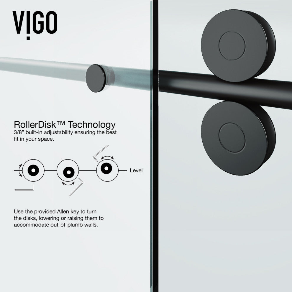 VIGO Elan 56" to 60" W x 74" H Frameless Sliding Shower Door, Matte Black, Clear Glass