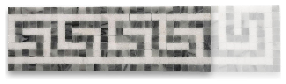 Greek Key Thassos White Bardiglio Gray Marble Mosaic Border Tile, 1 piece