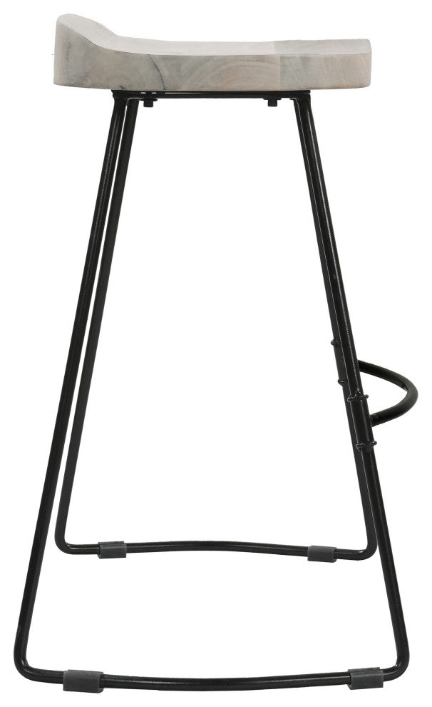 24" Backless Counter Stool Whitewashed Mango Wood Saddle Seat Black Metal