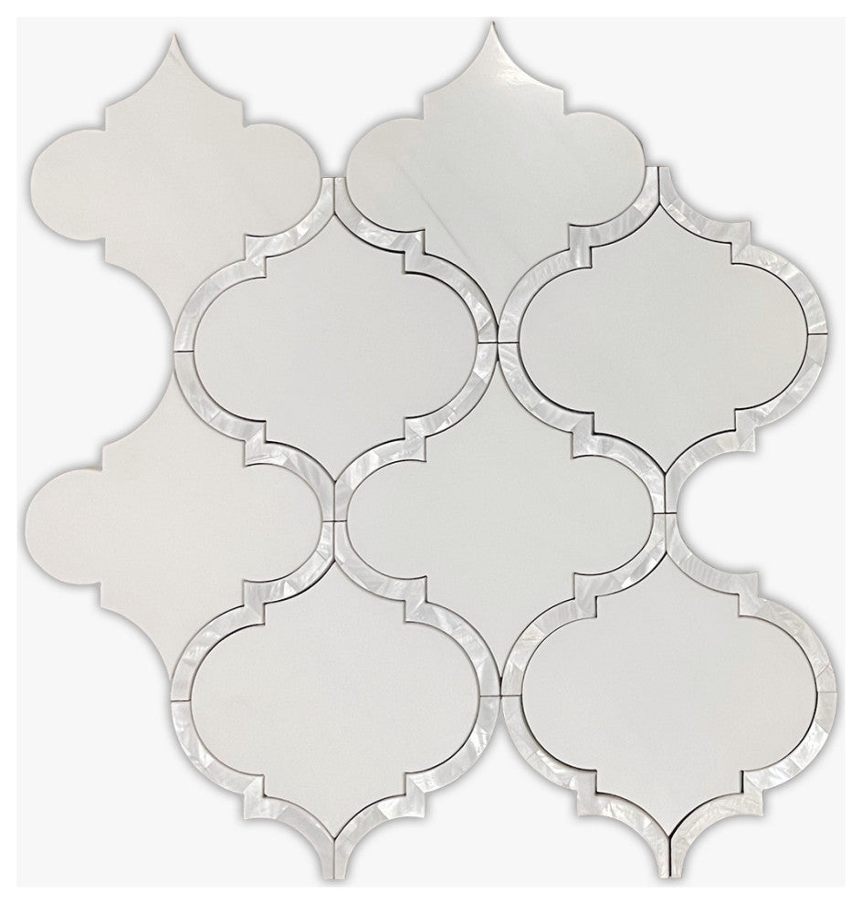 Bianco Dolomiti and Mother Of Pearl Polished Large Arabesque Marble Mosaic