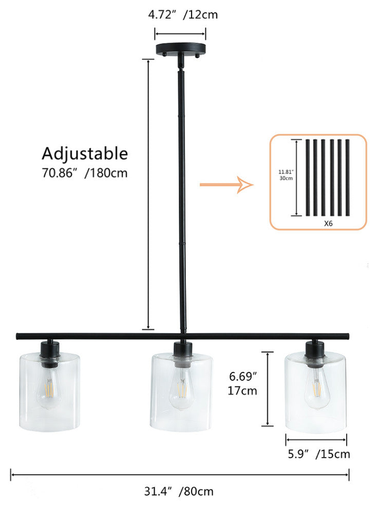 3-Light Kitchen Island Light Black Wrought Iron Linear Chandelier, Black