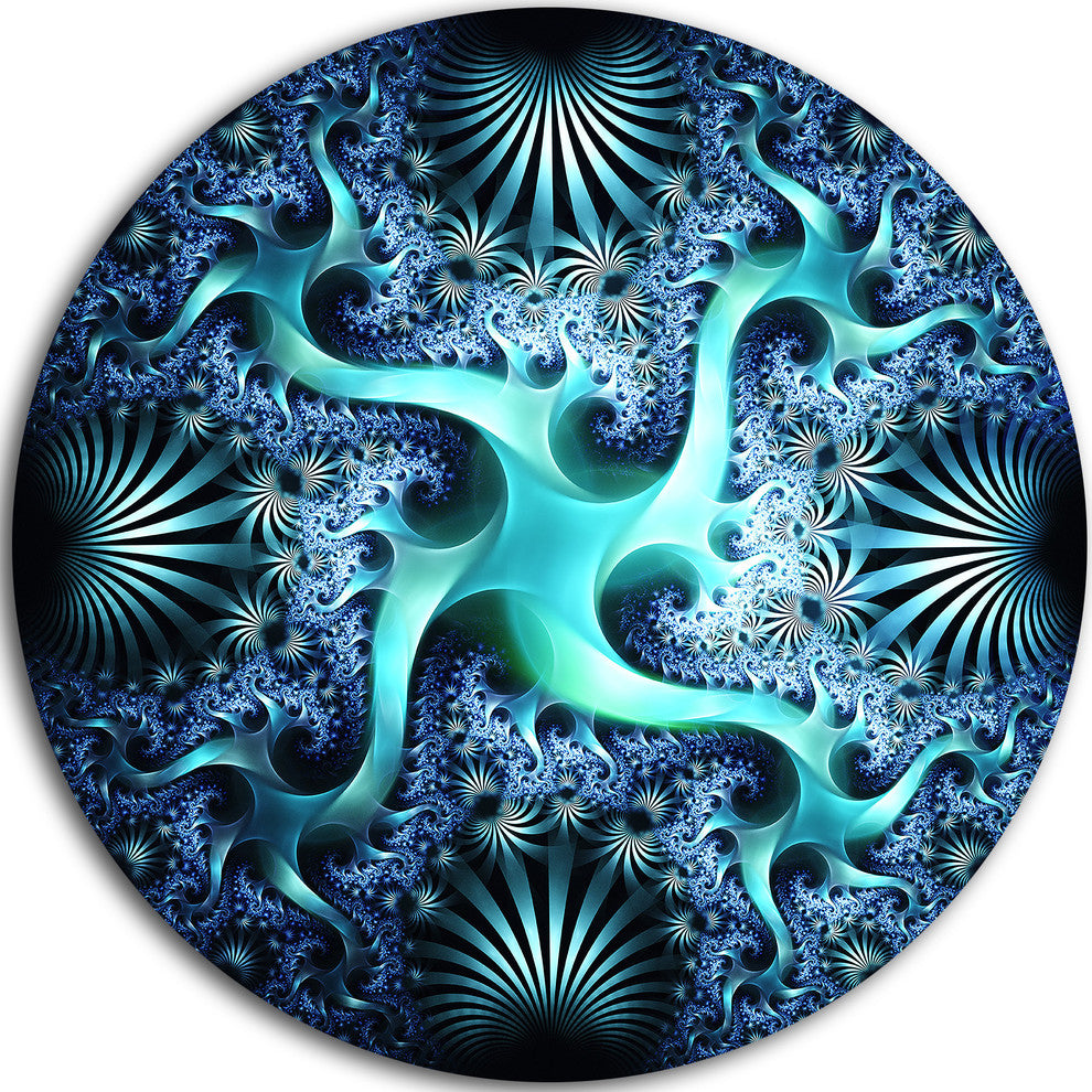 Glowing Blue Fractal Flower Design, Abstract Round Wall Art, 36"