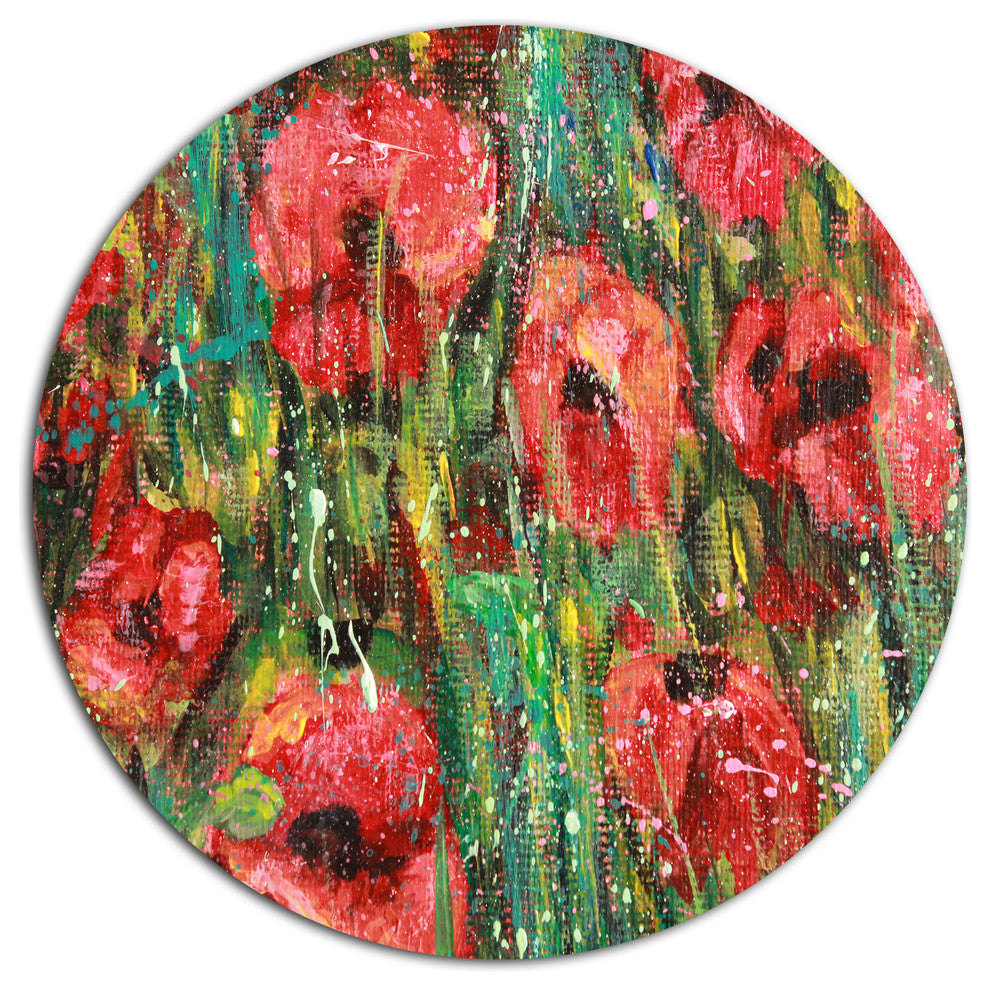 Red Poppies Watercolor Drawing, Floral Large Disc Metal Wall Art, 11"