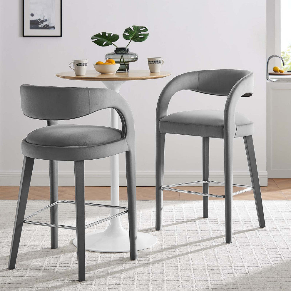 Pinnacle Performance Velvet Bar Stool Set of 2, Gray Silver
