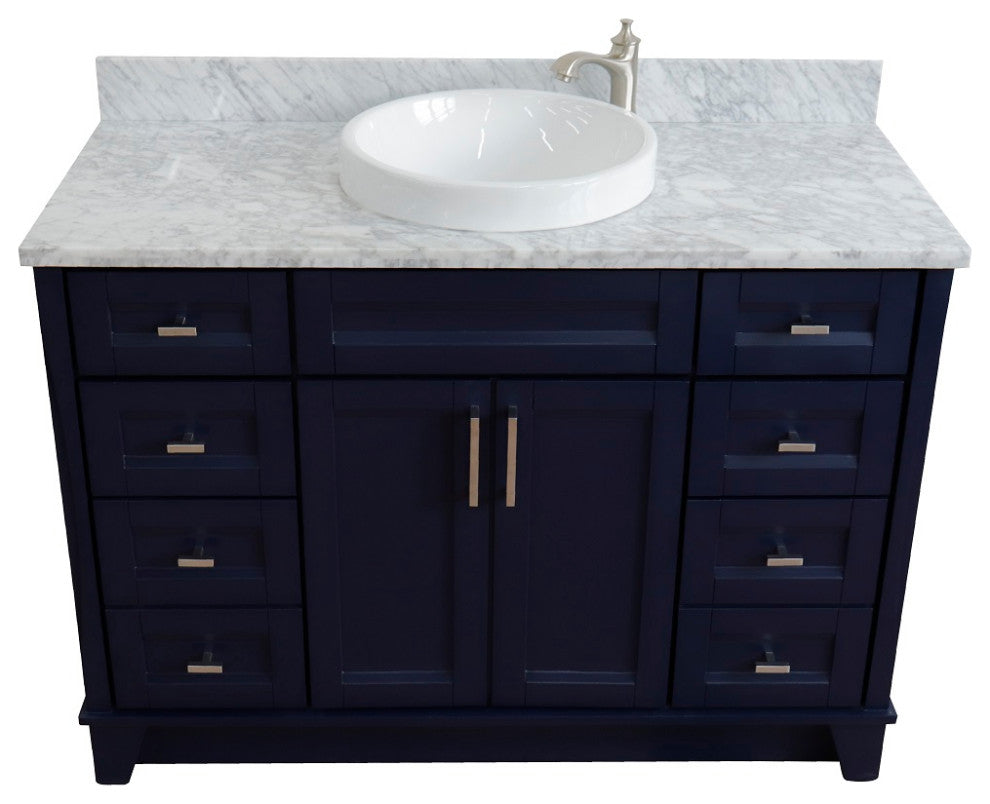 49" Single Sink Vanity, Blue Finish With White Carrara Marble And Round Sink
