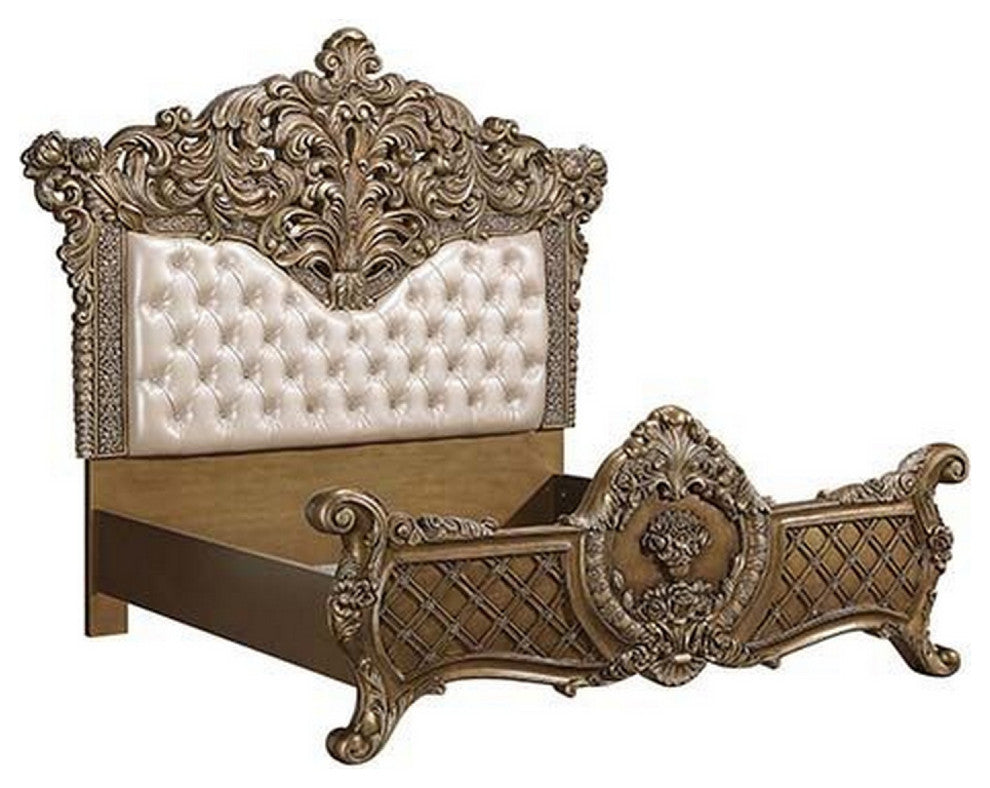Benzara BM269548 Eastern King Bed, Intricately Carving/Tufting, Gold/Brown