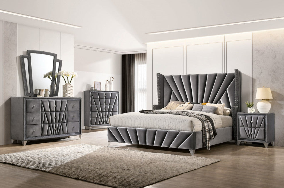 Fabric and Wood Nightstand with 2 Drawers, Gray