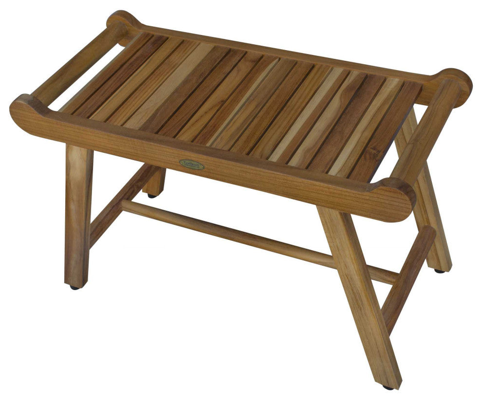 HomeRoots Rectangular Teak Shower Bench With Handles, Natural Finish