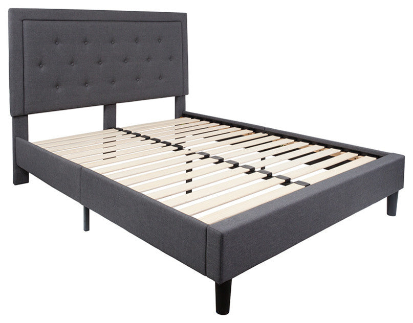 Roxbury Queen Size Tufted Upholstered Platform Bed, Dark Gray Fabric