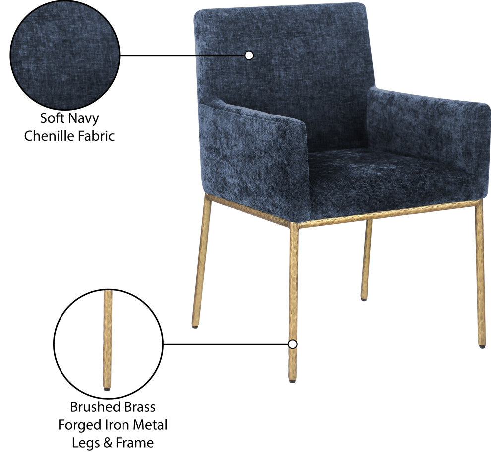 Reeves Upholstered Dining Chair, Navy, Chenille , AC,  Brushed Brass, Set of 2