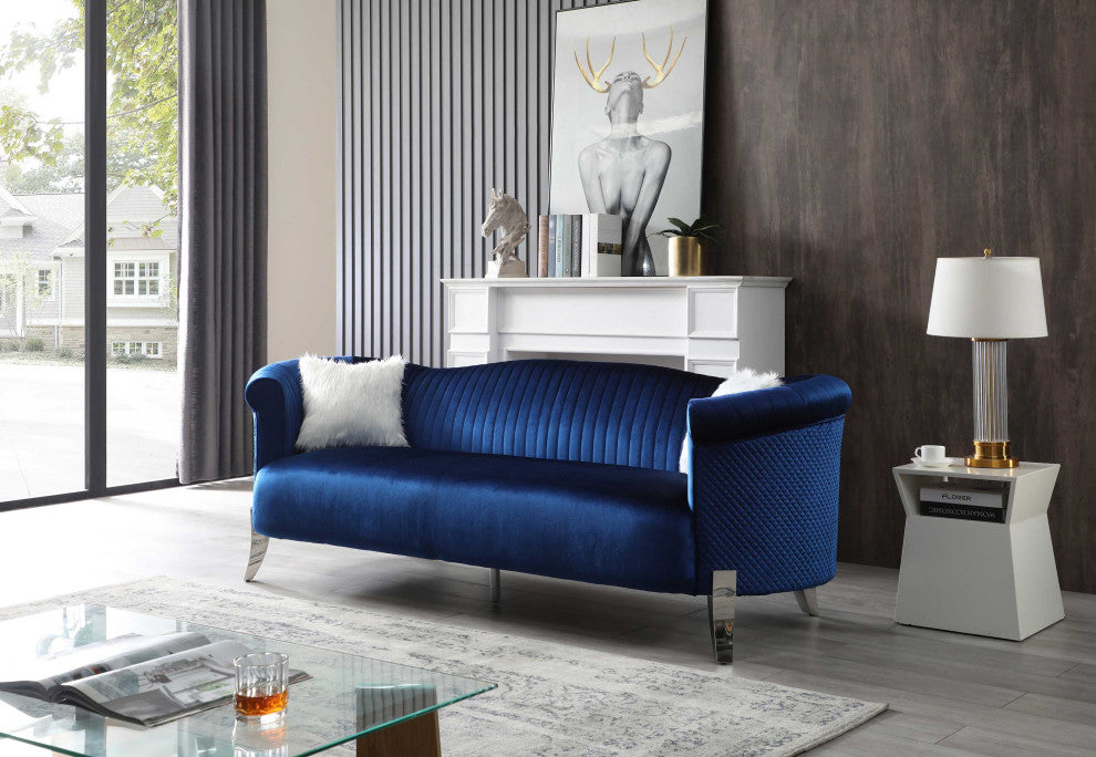 Vine 96 in. W Round Arm Velvet Straight Sofa, Blue