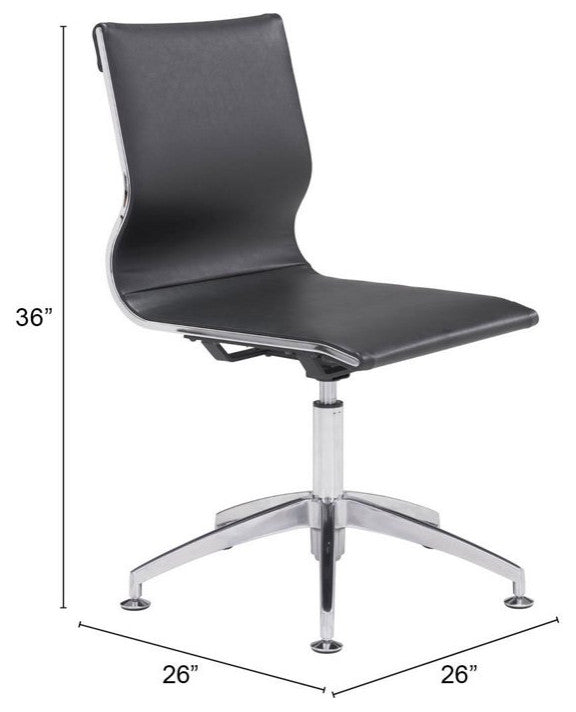 Modern Office Chair, Chrome Legs With Armless Faux Leather Seat & Back, Black