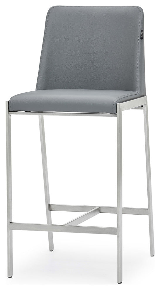 Eliza Leatherette Counter Stool With Polished Stainless Steel Legs, Gray