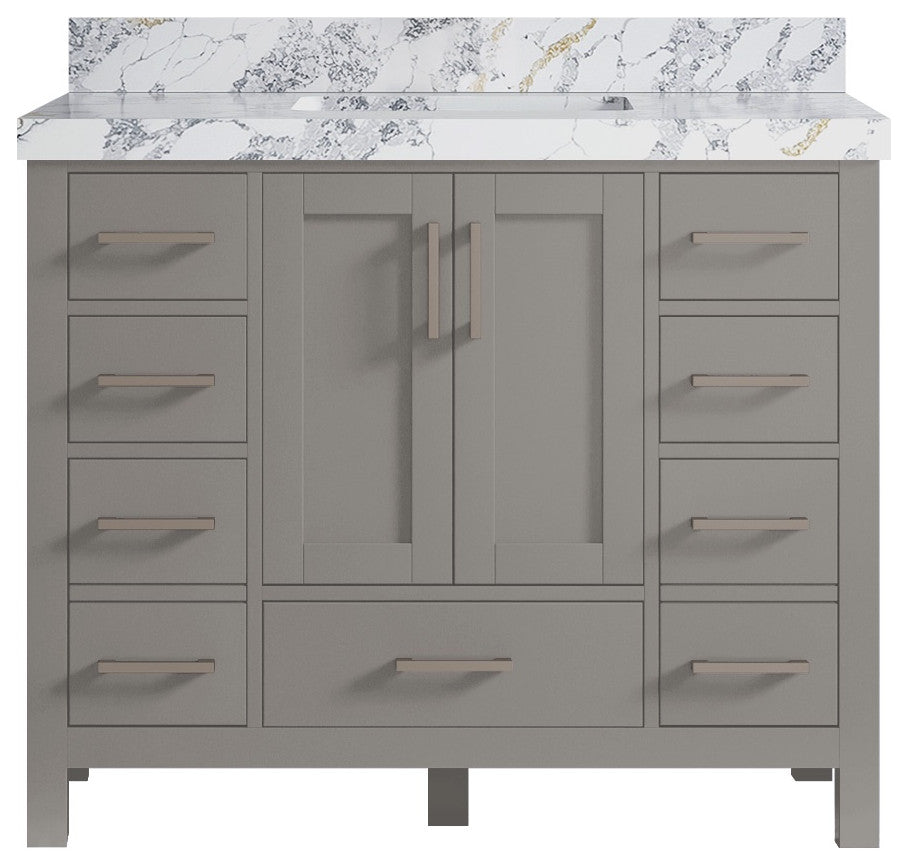 Malibu 42 Single Sink Bath Vanity in Elephant Skin Gray 2" Calacatta Poanazzo