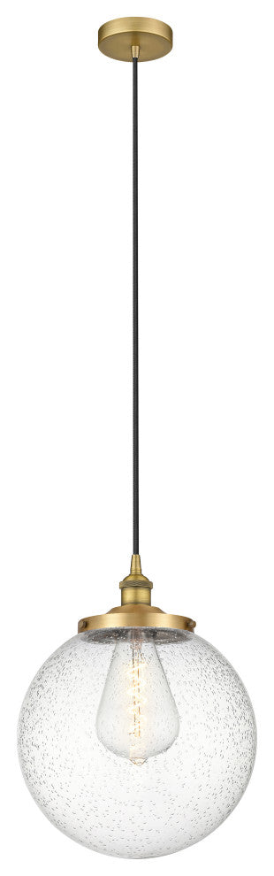 Beacon 1 Light Mini Pendant, Brushed Brass, Seedy Glass