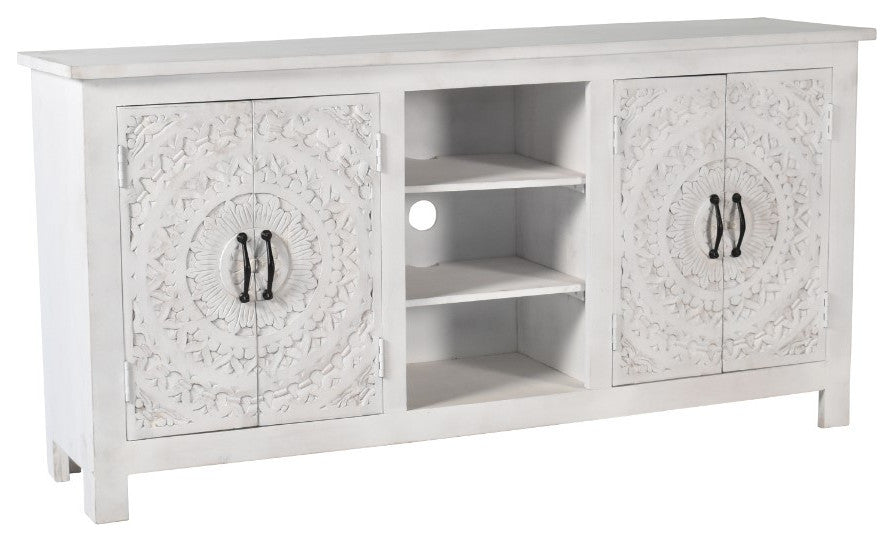 64" Distressed Whitewash Farmhouse Boho Chic Hand Carved Cabinet