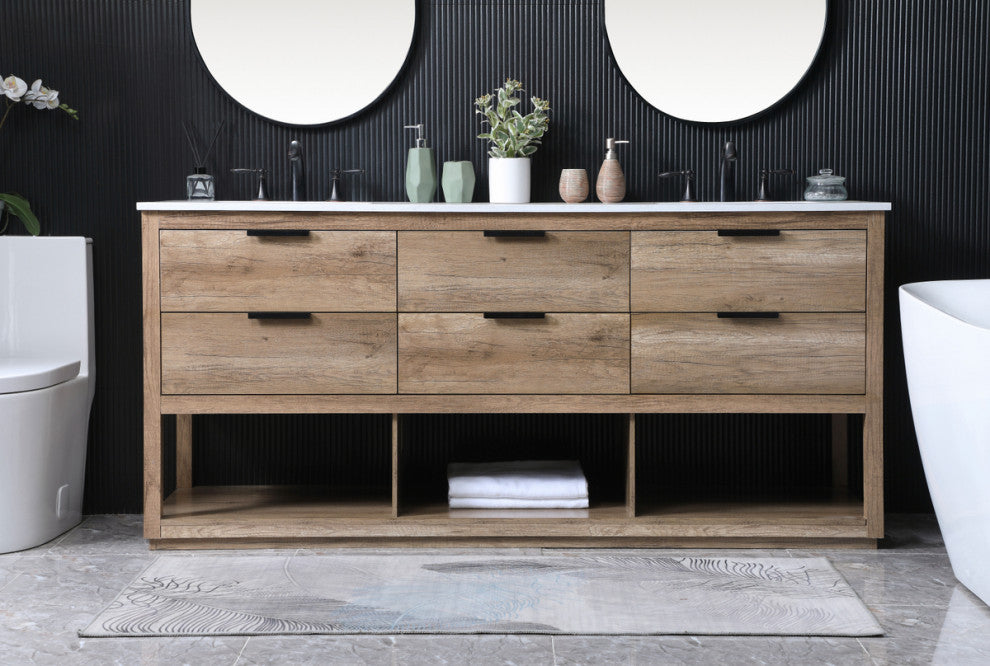 72" Double Bathroom Vanity, Natural Oak