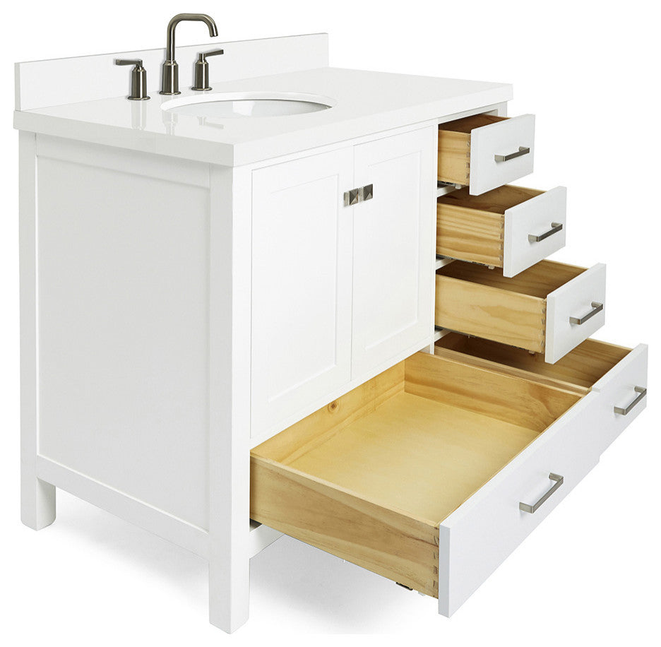 ARIEL Cambridge 43" Left Offset Oval Sink Bathroom Vanity White With Quartz Top