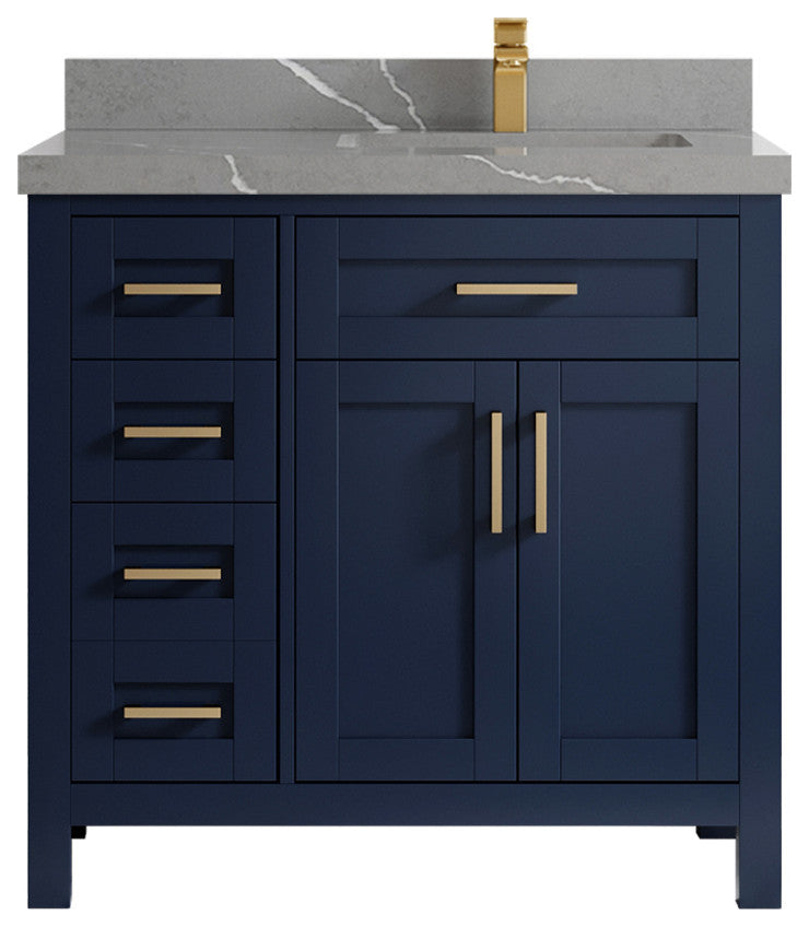 Cambridge 36 Right Offset Bath Vanity in Hale Navy Blue 2" Piatra Gray