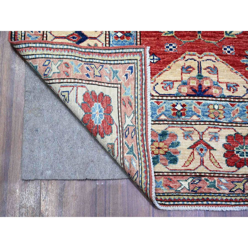 Sanguine Red Afghan Super Kazak Gul Motifs Soft Wool Hand Knotted Rug 6'8"x9'10"
