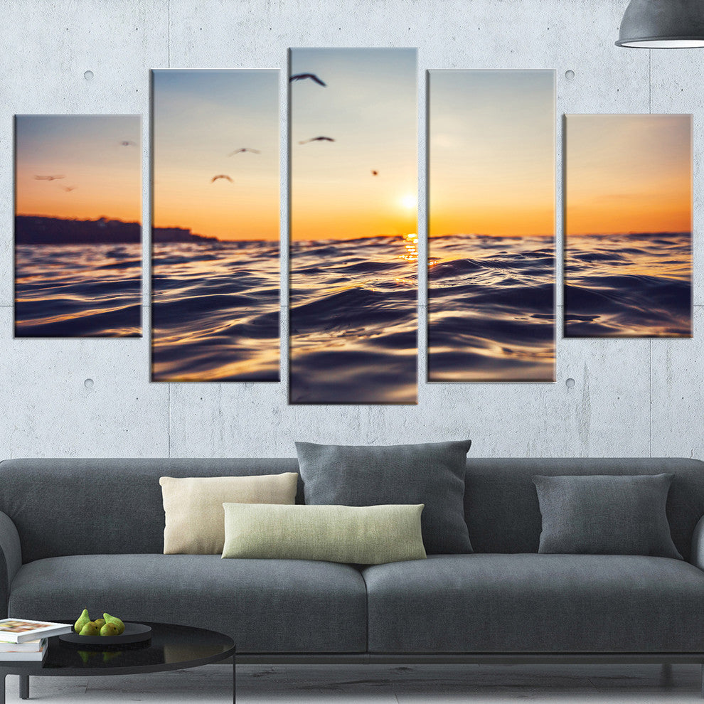 "Orange Tinged Sea Waters At Sunrise" Beach Canvas Wall Art, 5 Panels, 60"x32"