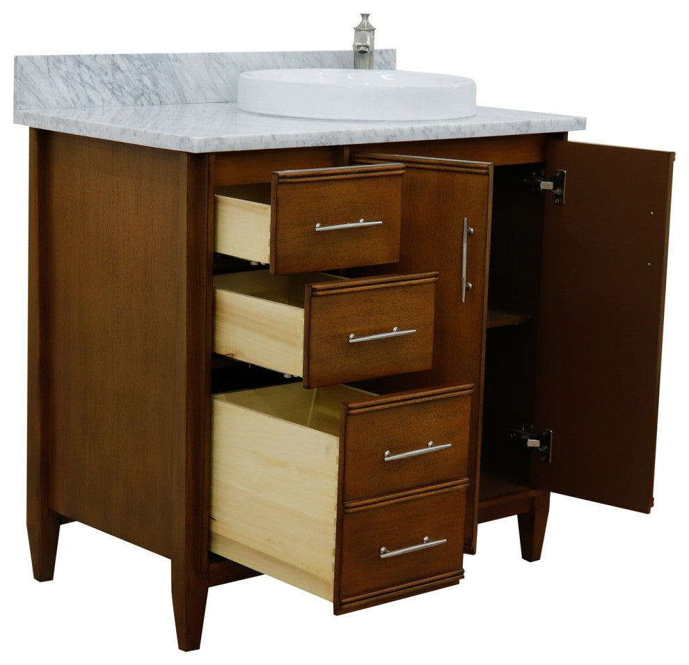 37" Single Vanity, Walnut Finish With White Carrara
