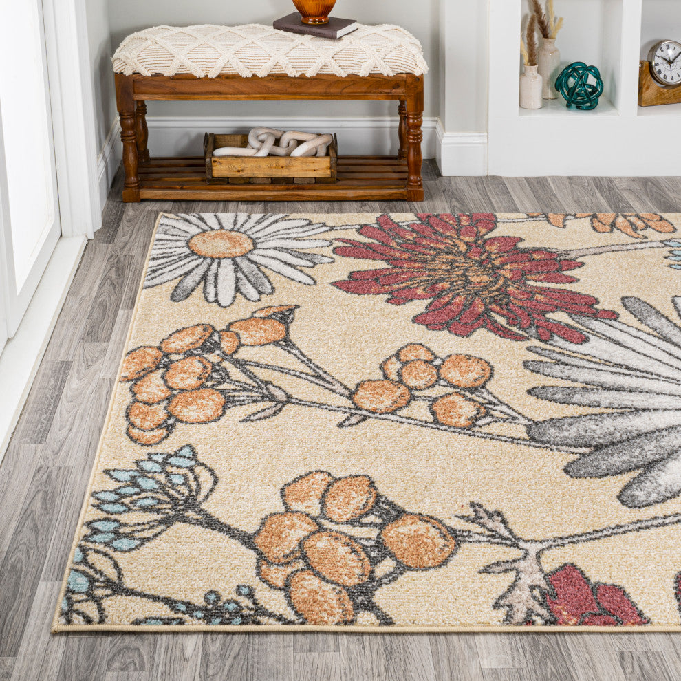 Dizi Modern Botanical Wildflower Area Rug, Yellow/Ivory/Red, 8x10