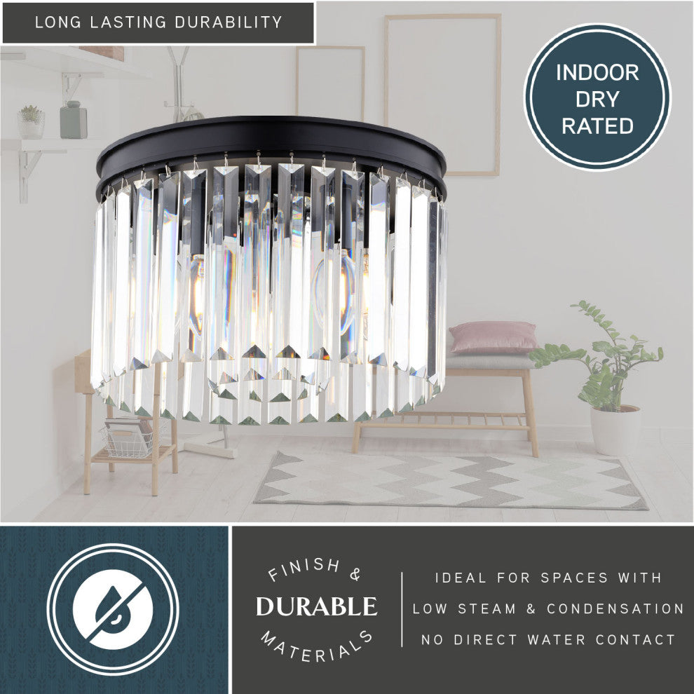 Allerton 3-Light Matte Black Modern Drum Flush Mount Fixture Crystal Prism Shade