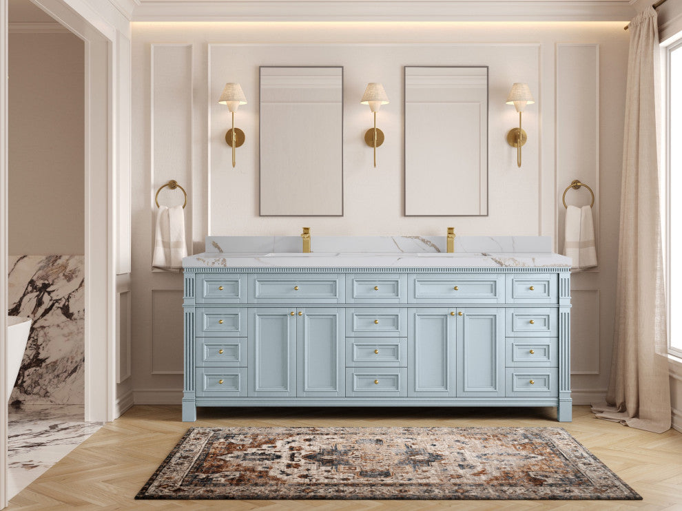 Paris 84" Double Sink Bathroom Vanity, Blue Heather 2" Calacatta Gold