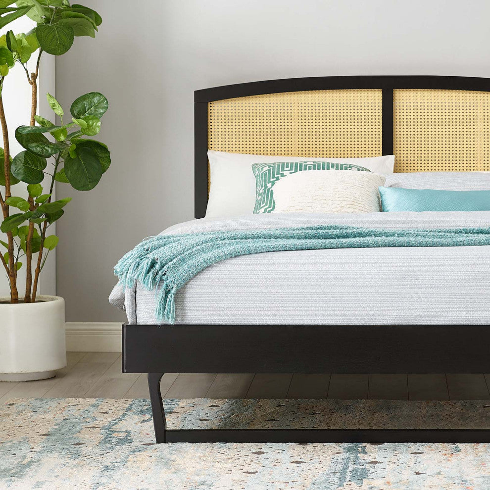 Sierra Cane and Wood Queen Platform Bed With Angular Legs Black