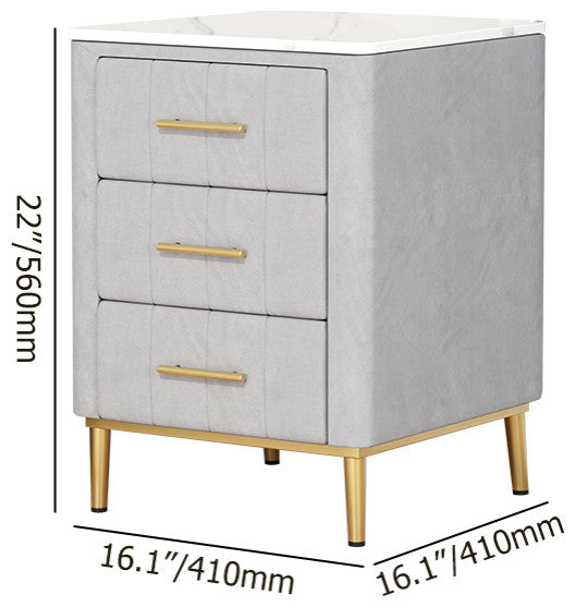 Modern Nightstand Gray Velvet Upholstered Bedside Table 3 Drawers With Stone Top