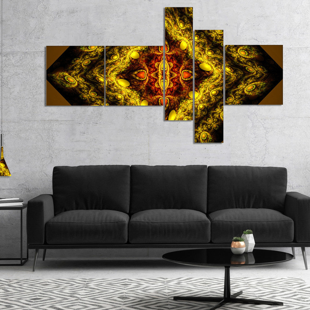 Cabalistic Yellow Fractal Design, Abstract Wall Art Canvas, 60"x32", 5 panels