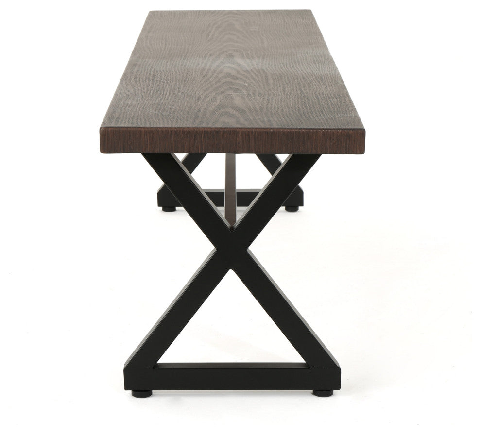 GDF Studio Rosarito Outdoor Dining Bench With Black Steel Frame, Set of 2, Brown