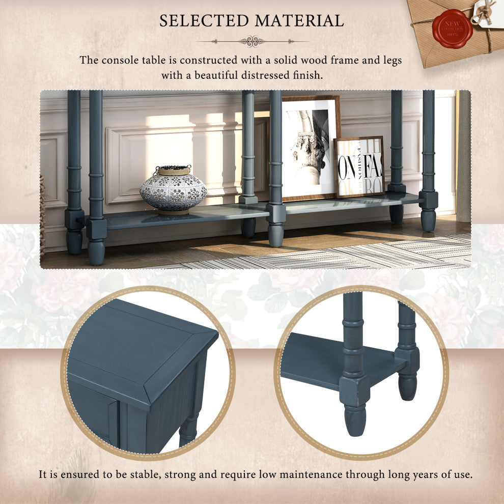 58" Two-Drawer Console Table Bottom Shelf for Living Room Antique Navy