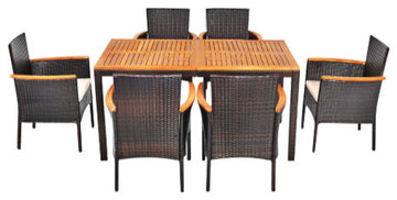 Costway 7PCS Patio Rattan Dining Set Armrest Cushioned Chair Wooden Tabletop