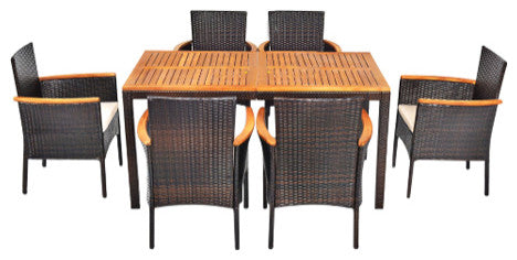 Costway 7PCS Patio Rattan Dining Set Armrest Cushioned Chair Wooden Tabletop
