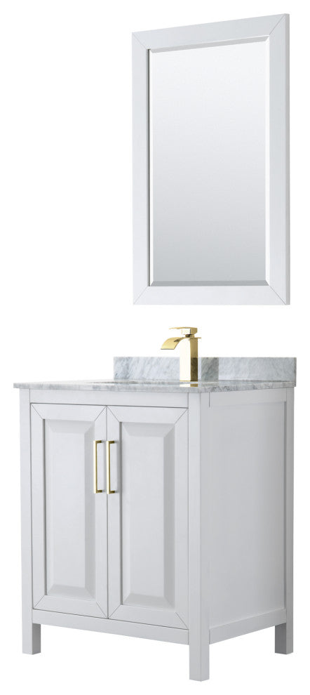 30"SGL Bathroom Vanity, White, Carrara Countertop, Sink, 24" Mirror, Gold Trim