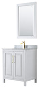 30"SGL Bathroom Vanity, White, Carrara Countertop, Sink, 24" Mirror, Gold Trim