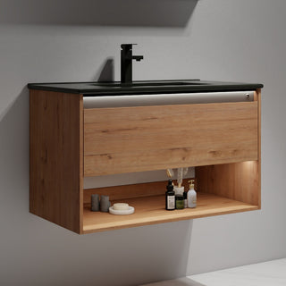 Wall Mounted Bathroom Vanity and Sink, Classic Oak, 36'' Ceramic Black