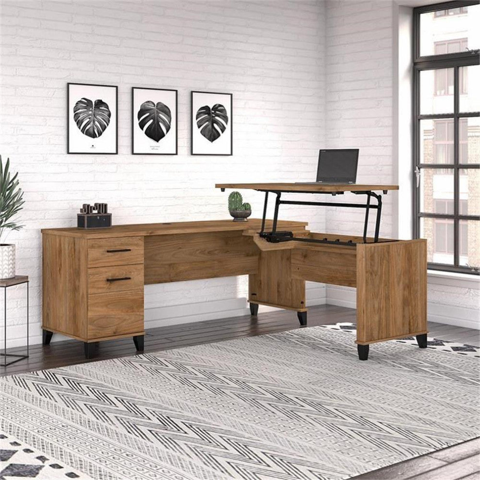Somerset 3 Position Sit to Stand L Shaped Desk in Fresh Walnut - Engineered Wood