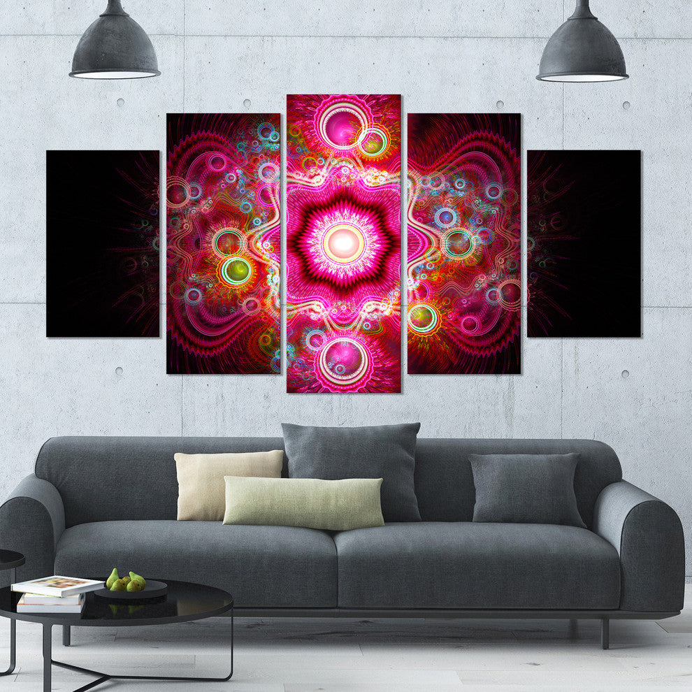 Bright Pink Fractal Flower, Contemporary Wall Art Canvas, 60"x32", 5 Panels