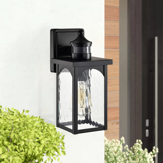 12 in. 1-Light Black Motion Sensing Wall Lantern Sconce Water Wave Glass 2PACK