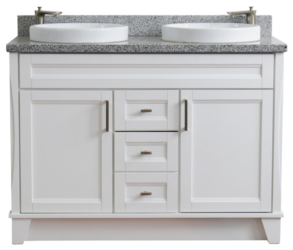 48" Double Sink Vanity, White Finish With Gray Granite And Round Sink