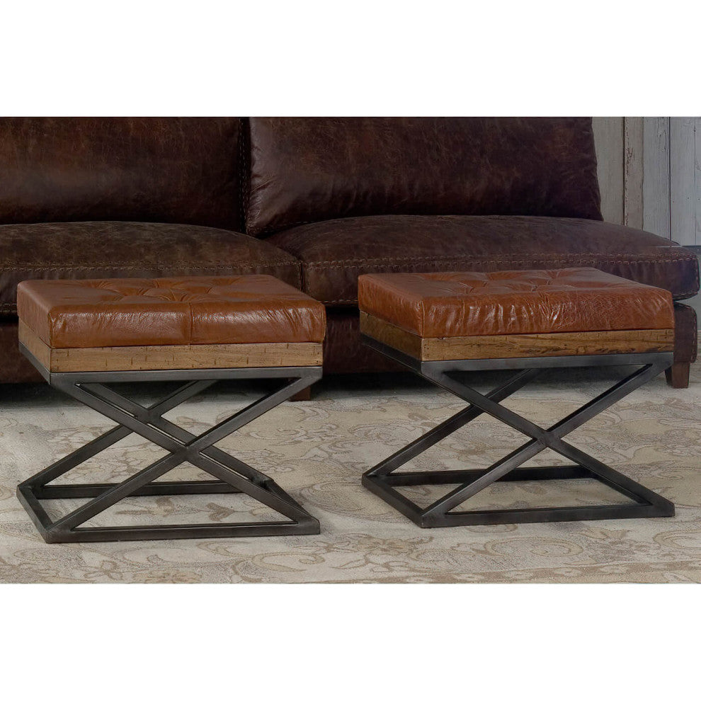 Modern Tufted Leather X Frame Stool