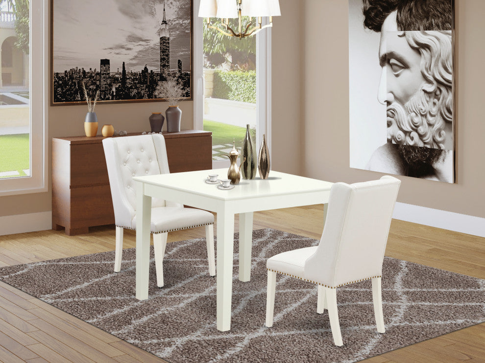 3Pc Dining Set, 1 Table, 2 Light Grey Chairs, Button Tufted Back, Linen White