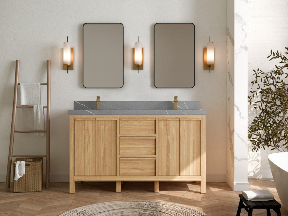 Elizabeth 60 Double Bathroom Vanity in Light Natural Teak 2" Piatra Gray