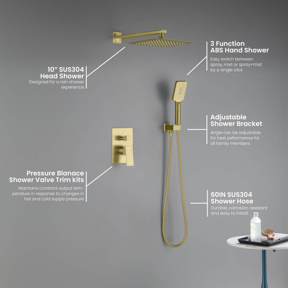 Cube Pressure 2-Function Shower System, Rough-In Valve, Brushed Gold