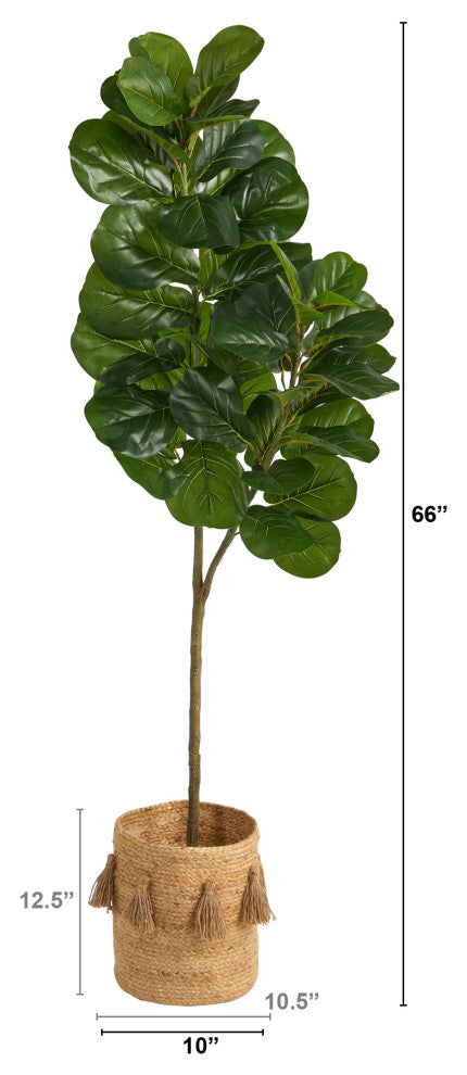 5.5' Fiddle Leaf Fig Artificial Tree, Handmade Natural Jute Planter With Tassels